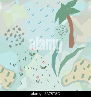 Cute nahtlose Hintergrund mit Palmen, Feld, Sonne, Gras. Niedlich kindisch abstrakt Design. Vector Illustration Stock Vektor