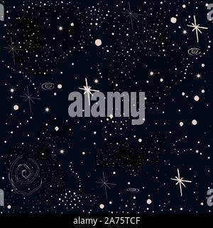 Nahtlose kosmischen Muster mit Sternen, Planeten, Rakete, Spiralgalaxien und Konstellationen. Hand gezeichnet mit der Bürste. Vector Illustration Stock Vektor