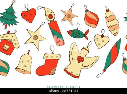 Vektor nahtlose Grenze mit Hand gezeichnet Weihnachtsschmuck auf weißem Hintergrund. Positive endlose horizontale Bürste in den Farben Rot und Grün. Stock Vektor