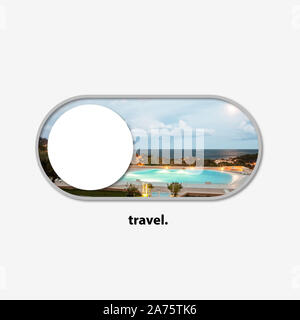 Schalter für Ihre Reise Träume - die Reisen auf. Schöne Sicht auf die Landschaft als eine Möglichkeit jeder Zeit des Jahres auf Reisen zu drehen. Entdecken Sie die Welt einfach wie sie ihr Smartphone. Modernes Design. Stockfoto