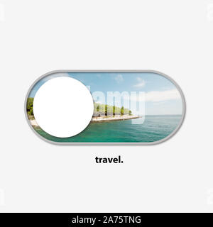 Schalter für Ihre Reise Träume - die Reisen auf. Schöne Sicht auf die Landschaft als eine Möglichkeit jeder Zeit des Jahres auf Reisen zu drehen. Entdecken Sie die Welt einfach wie sie ihr Smartphone. Modernes Design. Stockfoto