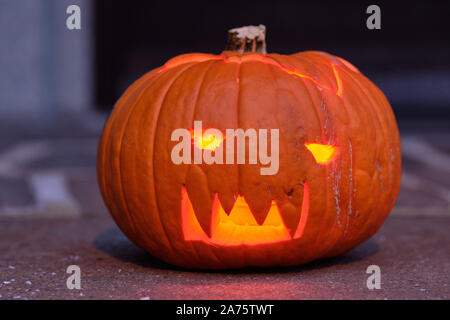 Lächelnd und glänzende Halloween Kürbis in der Dunkelheit auf dem Boden liegen. In Deutschland, in Bayern, im Oktober. Stockfoto