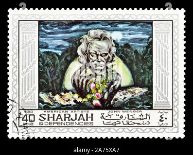 Storniert Briefmarke gedruckt von Sharjah, das zeigt Gemälde von John Wenger, circa 1968. Stockfoto