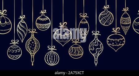 Elegante hand Weihnachtsverzierungen horizontale nahtlos gezogene, dekorierte Kugeln aufhängen, toll für Weihnachten Verpackung, Banner, Einladungen, Tapeten Stock Vektor