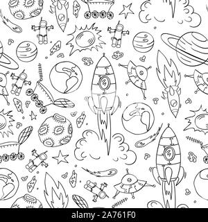 Nahtlose Muster mit Hand gezeichnet space-Elemente. Schwarz Doodles auf weißem Hintergrund. Süße Kinder drucken. Vektor illustartion. Stock Vektor