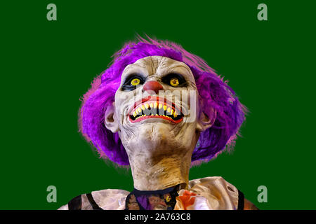 Der Kopf einer Halloween Monster Clown auf einem schwarzen Hintergrund isoliert Stockfoto