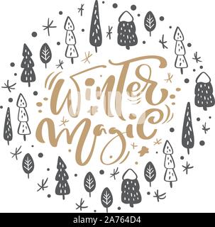 Winter Zauber Vektor skandinavischen kalligrafischen vintage Text in Form der runde Ball mit weihnachtlichen Elementen. Grußkartenvorlage mit Vintage Style Stock Vektor