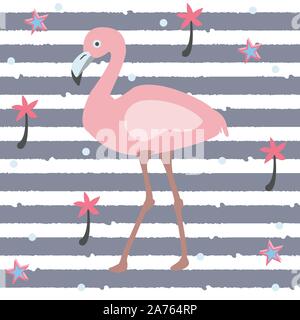 Niedliche rosa Flamingo mit Palmen und Sternen auf blauem Hintergrund mit Streifen. Sommer Kollektion. Vector Illustration. Stock Vektor