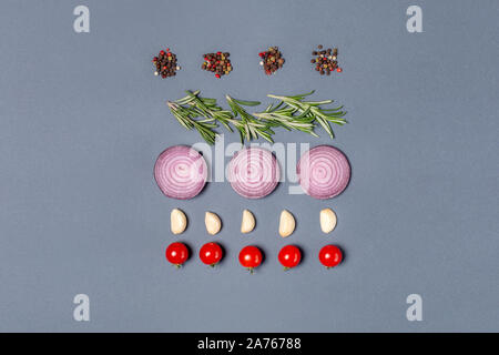 Gemüse und Kräuter Zusammensetzung auf grau Top View isoliert Stockfoto