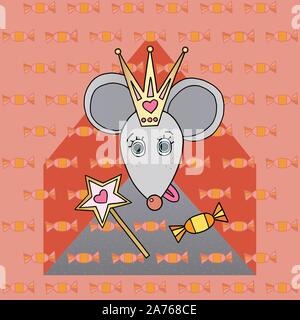 Ratte Charakter Vector Illustration. Süße Maus Tier mit Bonbons und Süßigkeiten. Frohes Neues Jahr Symbol von 2020. Hand cartoon Prinzessin Krone gezogen. Mer Stock Vektor