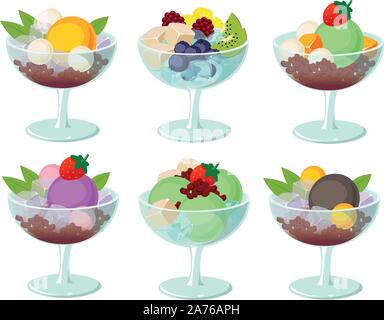 Vector Illustration der verschiedenen asiatischen Desserts mit Obst und Eis in ein Glas. Stock Vektor