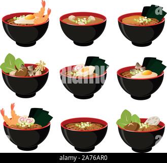 Vector Illustration der verschiedenen asiatischen Suppen in Japanischen schwarz und rot Schüssel. Stock Vektor