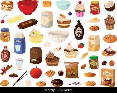 Vector Illustration verschiedener Lebensmittel und Backzutaten. Stock Vektor