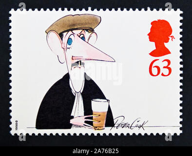 Briefmarke. Großbritannien. Königin Elizabeth II. Comedians. Peter Cook. 63 s. Stockfoto