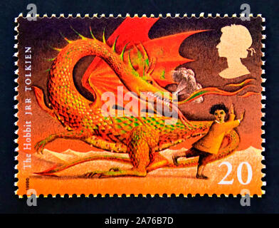 Briefmarke. Großbritannien. Königin Elizabeth II. Berühmte Kinder Fantasy Romane. "Der Hobbit" (JRR Tolkien). 20 s. Stockfoto
