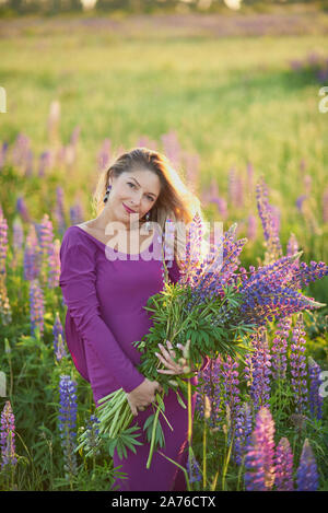 Schöne schwangere Frau in der violetten Kleid mit einer Lupine bei Sonnenuntergang auf dem Feld. Der Begriff der Natur und Romantik Stockfoto