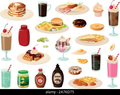 Vector Illustration der verschiedenen typischen ungesund süßen und herzhaften American Diner Lebensmittel. Stock Vektor