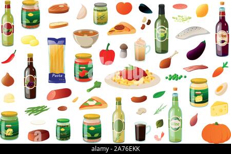 Vector Illustration von verschiedenen italienischen Zutaten zum Kochen und Speisen Stock Vektor