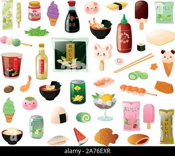 Vector Illustration der verschiedenen asiatischen Japanische Lebensmittel, Speisen und Süßigkeiten. Stock Vektor