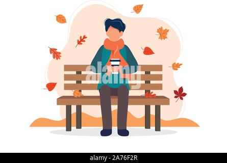 Mann sitzt auf der Bank im Herbst mit Kaffee. Vector Illustration im flachen Stil Stock Vektor