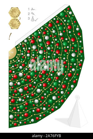 Papier Modell der Weihnachtsbaum mit roten, grünen und weißen Weihnachtskugeln und Stroh Sterne. Vorlage ausschneiden, Falten und Kleben. Stockfoto