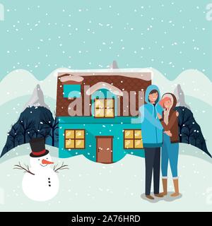 Paar mit Schneemann Weihnachten Feier Stock Vektor