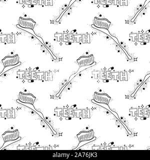 Doodle Medizinische nahtlose Muster mit der Zahnbürste. Mundhygiene Konzept. Reinigung der Mundhöhle Stockfoto