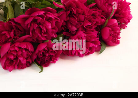 Blumenstrauß aus magenta Pfingstrosen liegen auf weiße Holztisch. Nahaufnahme Stockfoto