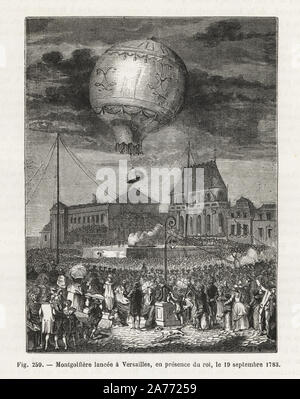 Die Gebrüder Montgolfier' Ballon Start von Versailles in Anwesenheit des Königs, September 1783. Holzschnitt Kupferstich von E.Deschamps von Louis Figuier's 'Les merveilles de la Science: Aerostats" (Wunder der Wissenschaft: Luftballons), Furne, Jouvet et Cie, Paris, 1868. Stockfoto