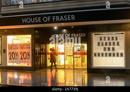 Exeter Devon, Großbritannien. 30. Oktober 2019. Blick auf das Haus von Fraser Kaufhaus auf Hight Street in Exeter, die geschlossen wird am Samstag, den 2. November. Foto: Graham Jagd-/Alamy leben Nachrichten Stockfoto