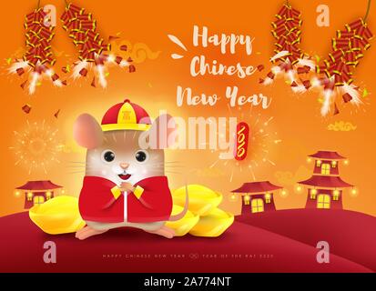 Frohes Neues Jahr 2020. Das chinesische Neujahr. Das Jahr der Ratte. Übersetzung: Happy Chinese New Year. Stock Vektor