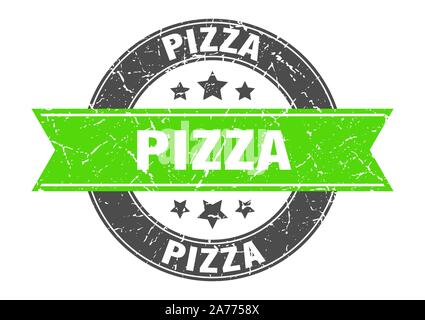 Pizza runden Stempel mit Green Ribbon. Pizza Stock Vektor