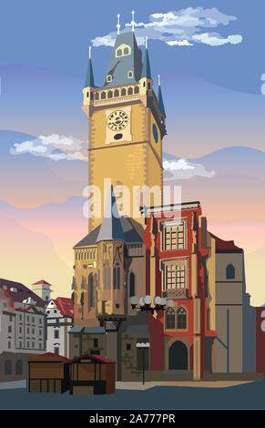 Bunte vektor Illustration des Alten Rathaus in Prag. Wahrzeichen von Prag, tschechische Republik. Vector Abbildung: Wahrzeichen von Prag. Stock Vektor