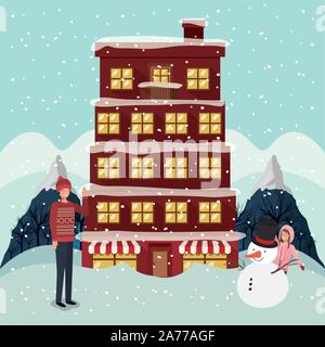 Freuen mery Christmas Card mit Bau- und Schneemann Stock Vektor