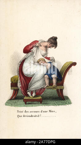 Mutter mit Kind auf dem Schoß schlafen auf einer Chaiselongue. Papierkörbe Kupferstich von Augustin Legrand's Amour Et Tendresse (Liebe und Zärtlichkeit), Louis Janet, Paris, 1820. Stockfoto