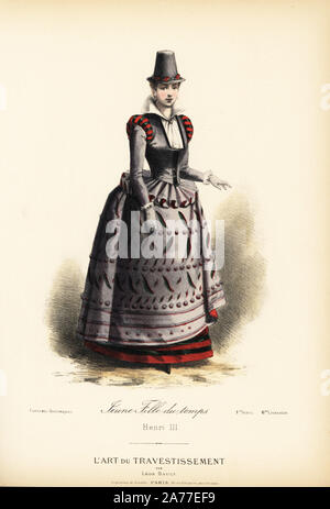 Junge Frau, Herrschaft von König Heinrich III. von Frankreich, aus dem 16. Jahrhundert. Sie trägt einen hohen Hut, Oberteil mit Puffärmeln, Rock mit geprägtem godrons und Schrägstriche, Seide Unterrock. Papierkörbe Lithografie nach einem Entwurf von Leon Sault von 'L'Art du Travestissement" (Die Kunst des Fancy Dress), Paris, c 1880. Sault war ein Theater und Oper designer und Luxus Mode Magazin Verlag. Stockfoto