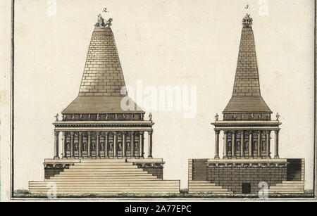 Das Mausoleum von Halikarnassos oder das Grabmal des Mausolos 2,3, gebaut von fünf Architekten Scopas, Bryaxis, Timotheus, Leochares und Pythis. Papierkörbe Kupferstich von Johann Friedrich Bertuch's Bilderbuch pelz Kinder (Bilderbuch für Kinder), Weimar, 1792. Stockfoto