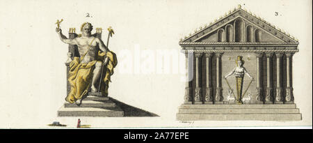 Statue des Zeus in Olympia 2, und der Tempel der Artemis von Ephesus 3. Papierkörbe Kupferstich nach Christiane Henriette Dorothea Westermayr von Johann Friedrich Bertuch's Bilderbuch pelz Kinder (Bilderbuch für Kinder), Weimar, 1792. Stockfoto