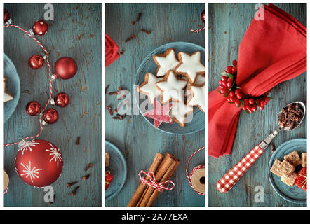 Collage von drei Weihnachten Hintergrund Bilder in Rot und Weiß auf rustikalen türkis Holz. Ansicht von oben auf die Weihnachtsplätzchen, Gewürze und Dekorationen. Stockfoto