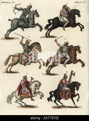 Römische General 1, fasces Inhaber2, Römische Kavallerie 3, Numidischen Kavallerie 4, Reiter und Pferd in der Klage von schuppenpanzer 5, und Dacian Kavallerie 6. Papierkörbe Kupferstich von Johann Friedrich Bertuch's Bilderbuch pelz Kinder (Bilderbuch für Kinder), Weimar, 1795. Stockfoto