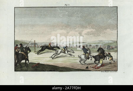 German Horse-racing Szene, 18. Jockeys mit Peitschen auf rassigen Pferden Rennen vor einer Masse von Zuschauern und Kutschen. Papierkörbe Kupferstich nach Friedrich Kaiser von Johann Friedrich Bertuch's Bilderbuch pelz Kinder (Bilderbuch für Kinder), Weimar, 1802. Stockfoto