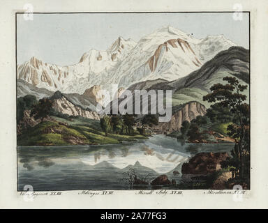 Blick auf den Mont Blanc, Chamonix, Frankreich, 18. Jahrhundert touristische Attraktion. Papierkörbe Kupferstich von Christian Müller von Johann Friedrich Bertuch's Bilderbuch pelz Kinder (Bilderbuch für Kinder), Weimar, 1802. Stockfoto