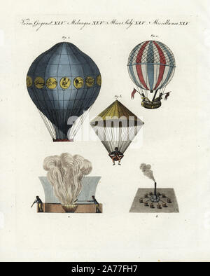 Etienne und Joseph Montgolfier's Hot-air Balloon 1 und brazier a, Professor Jacques Charles Ballon und Gondel 2, Wasserstoff-gas Mechanismus b, und Jean-Pierre Blanchard mit seinem Fallschirm 3. Papierkörbe Kupferstich von Johann Friedrich Bertuch's Bilderbuch pelz Kinder (Bilderbuch für Kinder), Weimar, 1802. Stockfoto