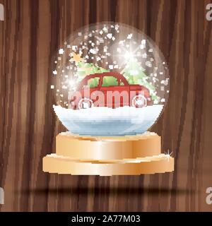 Weihnachten Crystal Ball mit Schnee und rote Auto mit Tannenbaum auf Holz- Hintergrund. Vector Illustration. Stock Vektor