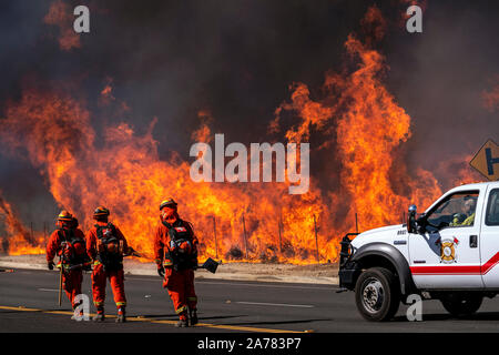 Simi Valley, United States. 30 Okt, 2019. Insasse Feuerwehrmänner tragen zur Brandbekämpfung während der leicht Feuer in der Nähe der Ronald Reagan Presidential Library in Simi Valley, Kalifornien. Die Brandausbreitung schnell aufgrund der starken Santa Ana Winde mit Böen von bis zu 70 mph in einigen Bereichen. Der National Weather Service gab eine seltene extreme red flag Warnung auf den Großraum Los Angeles. Das Feuer aufgefordert, verbindliche evacuati Credit: SOPA Images Limited/Alamy leben Nachrichten Stockfoto