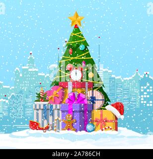 Weihnachten Winter Stadtbild, Tannenbaum und Geschenke. Stock Vektor