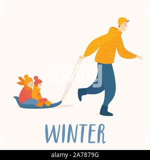 Card Winter mit Vater und Kinder Rodeln. Stock Vektor