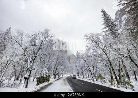 El Capitan vom Yosemite Valley in einem Winter. Yosemite Nationalpark, Kalifornien, USA Stockfoto