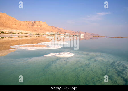 Reflexion der Berge, Hotels und Palmen im Wasser des Toten Meeres mit Salz Formationen. Israel Stockfoto