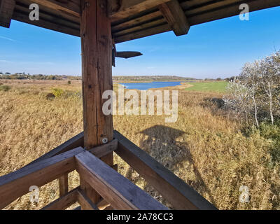 Blick vom hohen Stand in der Natur, Holz- bau Stockfoto